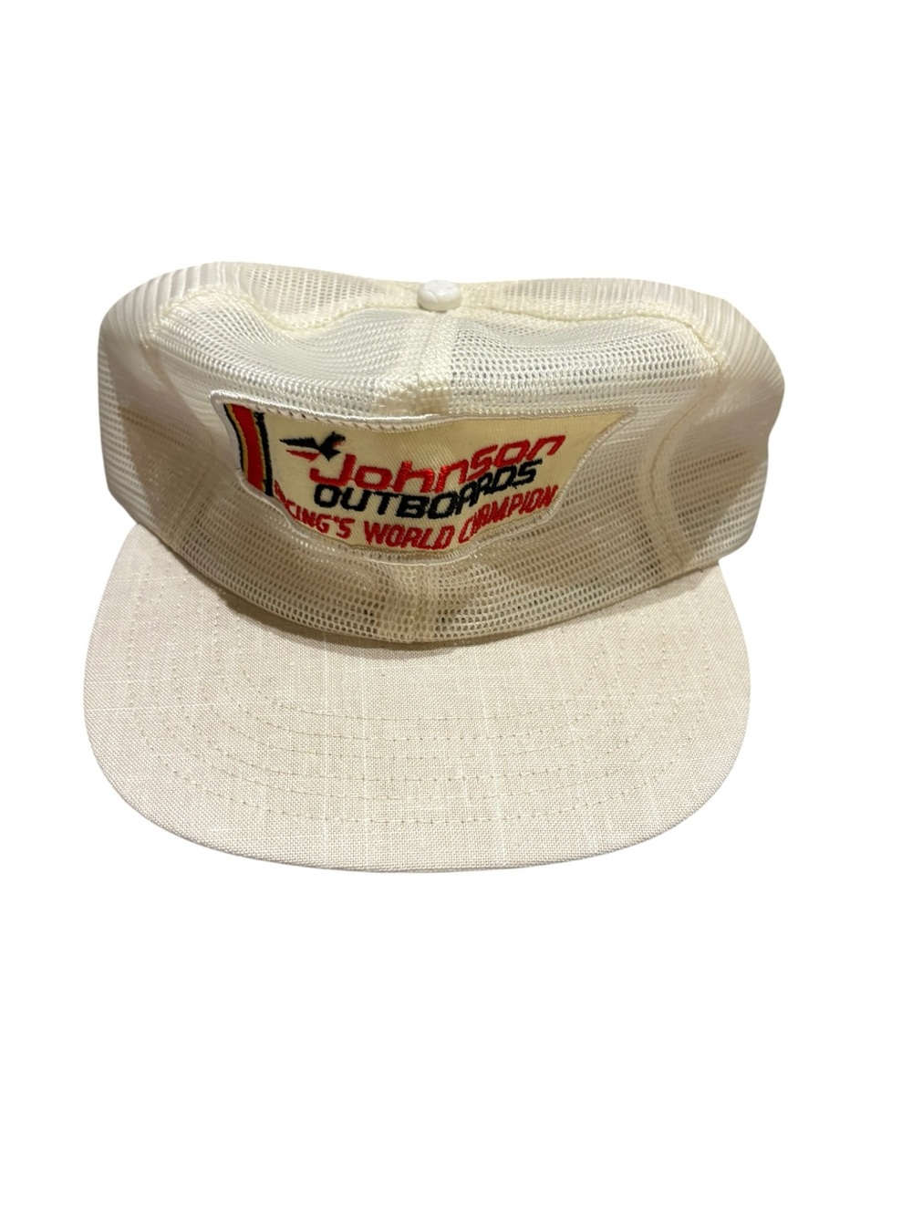Vtg Johnson Outboards Racings World Champion Trucker Hat EUC White Mesh Cap